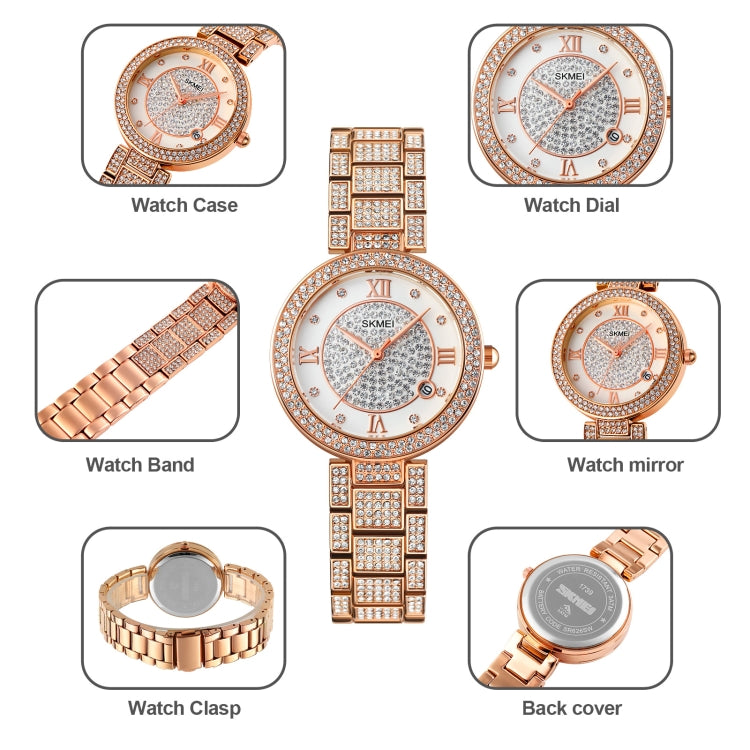 SKMEI 1739 Orologio al quarzo con quadrante rotondo con numeri romani e diamanti da donna