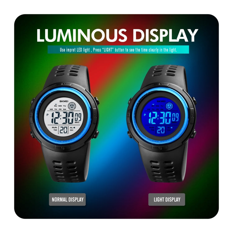 SKMEI 1773 Orologio elettronico con retroilluminazione colorata a LED rotondo triplicato con doppio fuso orario