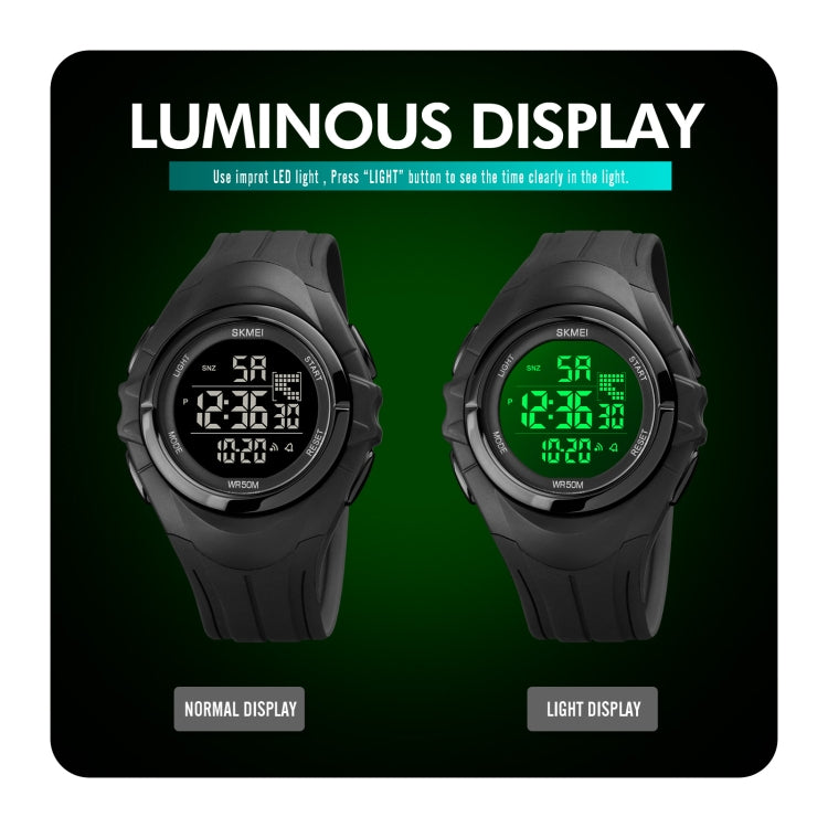 SKMEI 1790 Orologio elettronico luminoso da uomo con display digitale a doppio fuso rotondo triplicato a LED