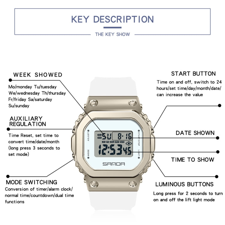 SANDA 9006 Orologio elettronico sportivo con quadrante quadrato con display digitale a LED per uomo e donna