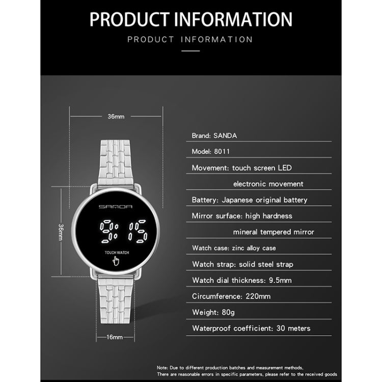 SANDA 8011 Touch Screen LED Display Digitale Quadrante Tondo Orologio Elettronico da Uomo