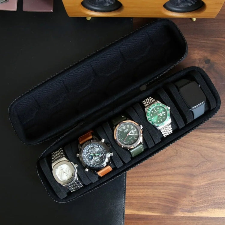 Custodia Porta Orologi 5 Posti in Nylon 1680D ed EVA Rigido – Impermeabile, Antipolvere, con Fodera in Velluto e Cerniera YKK, Perfetta per Viaggi