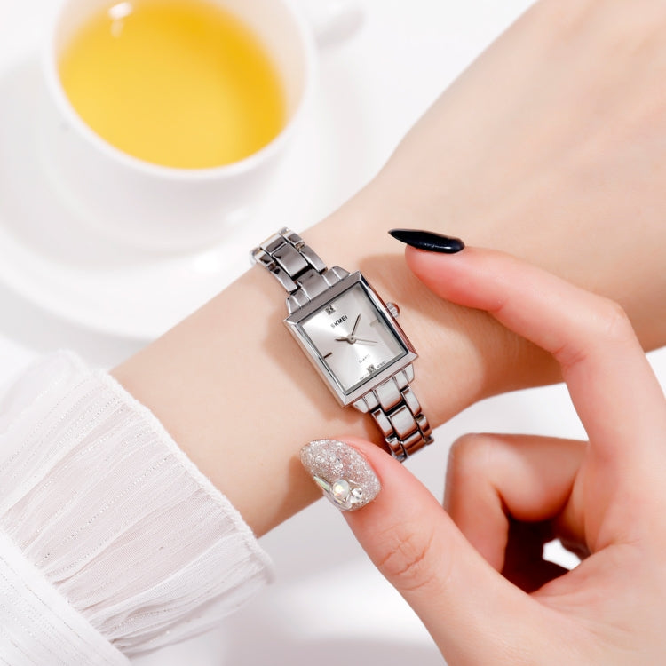 SKMEI 1407 Orologio da lavoro alla moda con diamanti Orologio al quarzo da donna in lega di zinco quadrato delicato ed elegante, Silvery
