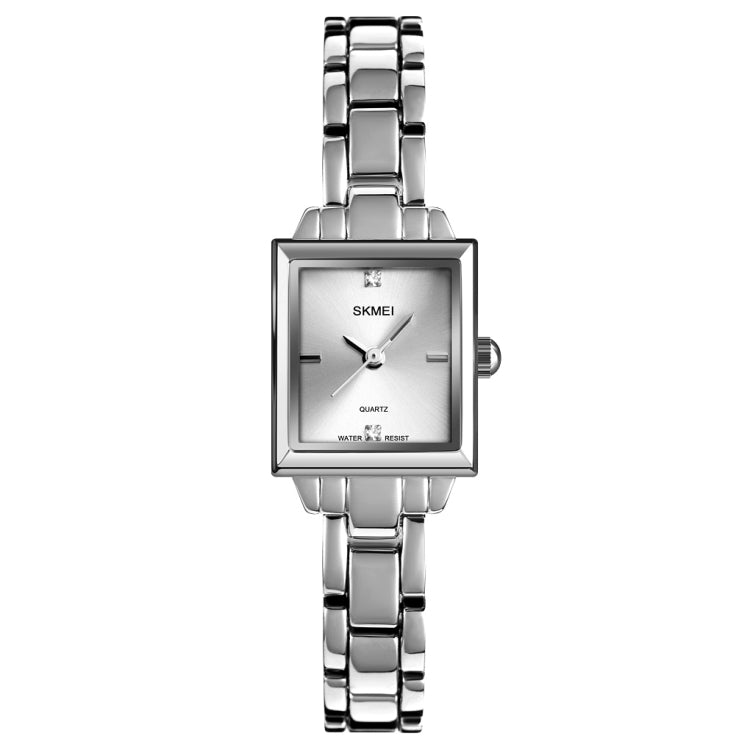 SKMEI 1407 Orologio da lavoro alla moda con diamanti Orologio al quarzo da donna in lega di zinco quadrato delicato ed elegante, Silvery