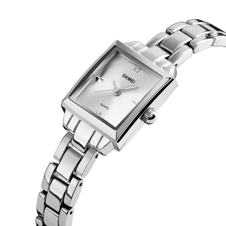 SKMEI 1407 Orologio da lavoro alla moda con diamanti Orologio al quarzo da donna in lega di zinco quadrato delicato ed elegante, Silvery