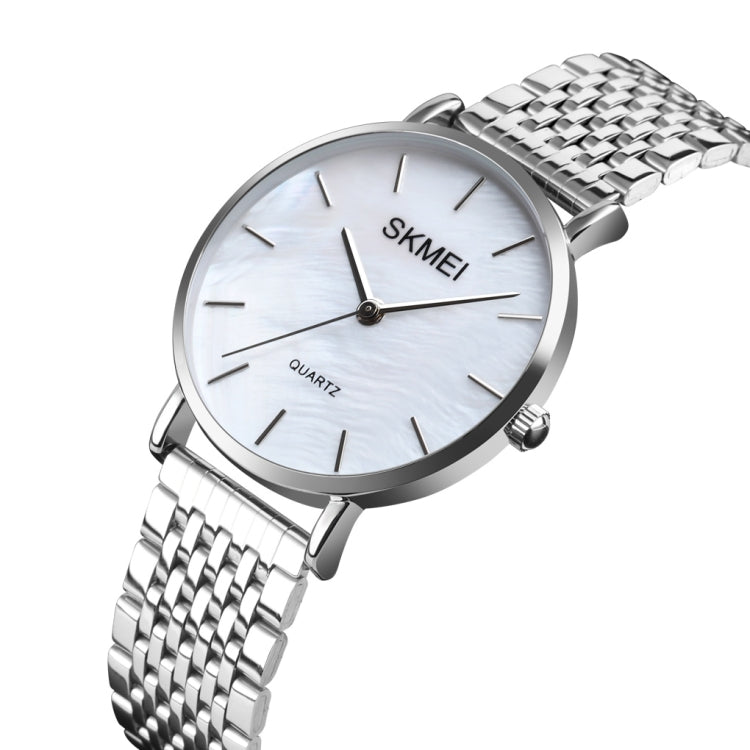 Skmei 1567 Leggero e sottile per il tempo libero Semplice orologio al quarzo da donna con cinturino in acciaio impermeabile da 30 m con quadrante a conchiglia