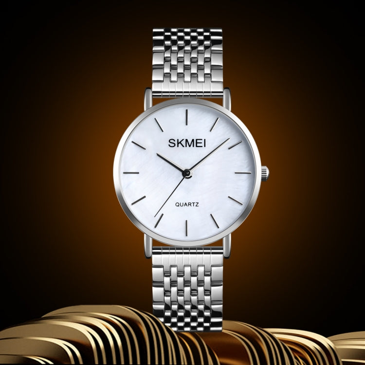 Skmei 1567 Leggero e sottile per il tempo libero Semplice orologio al quarzo da donna con cinturino in acciaio impermeabile da 30 m con quadrante a conchiglia