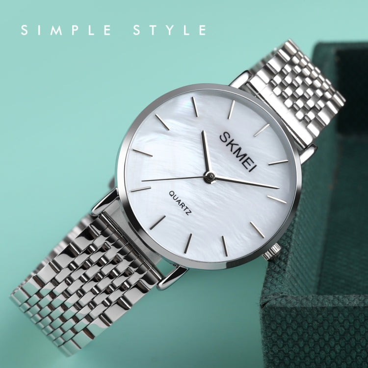 Skmei 1567 Leggero e sottile per il tempo libero Semplice orologio al quarzo da donna con cinturino in acciaio impermeabile da 30 m con quadrante a conchiglia
