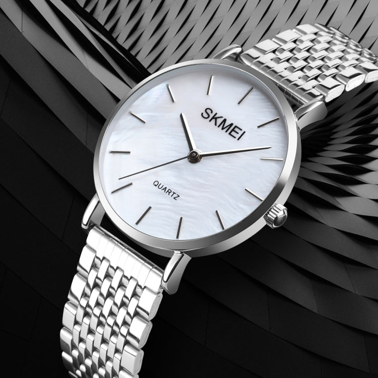 Skmei 1567 Leggero e sottile per il tempo libero Semplice orologio al quarzo da donna con cinturino in acciaio impermeabile da 30 m con quadrante a conchiglia