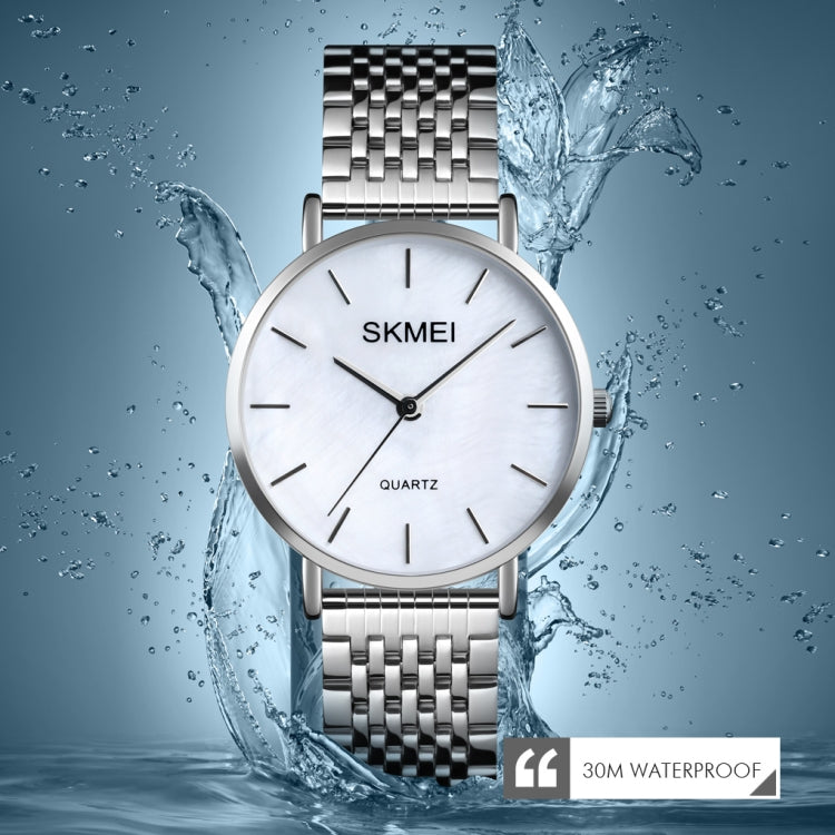 Skmei 1567 Leggero e sottile per il tempo libero Semplice orologio al quarzo da donna con cinturino in acciaio impermeabile da 30 m con quadrante a conchiglia