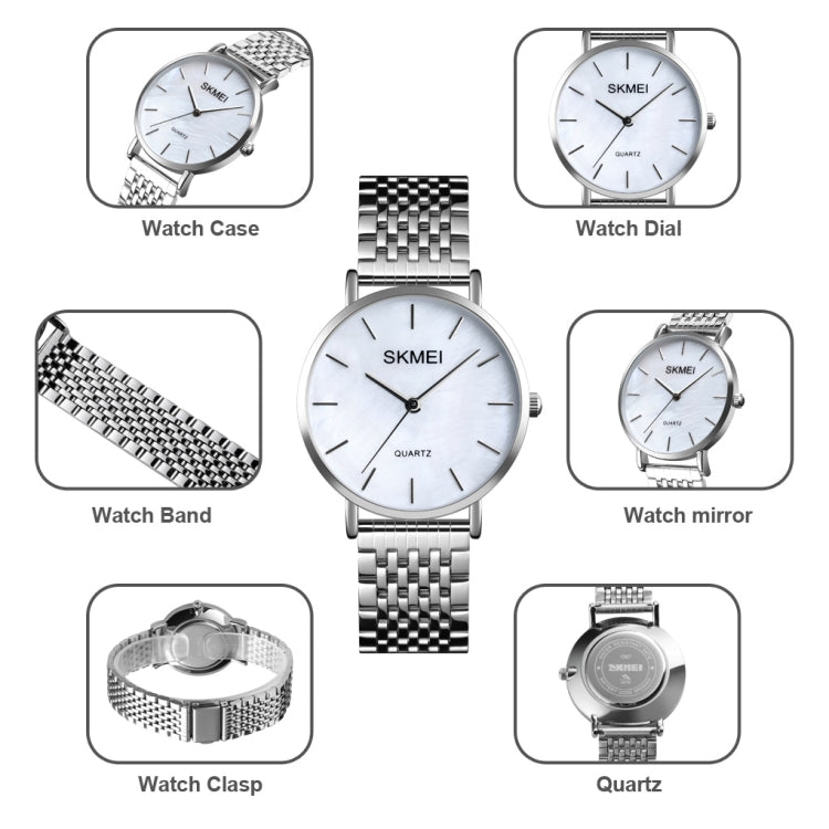 Skmei 1567 Leggero e sottile per il tempo libero Semplice orologio al quarzo da donna con cinturino in acciaio impermeabile da 30 m con quadrante a conchiglia