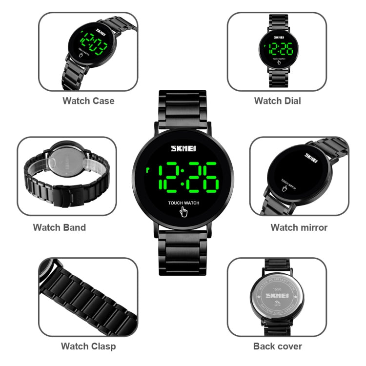 SKMEI 1550 Orologio da uomo touch screen a LED semplice ed elegante in acciaio inossidabile impermeabile con orologio elettronico