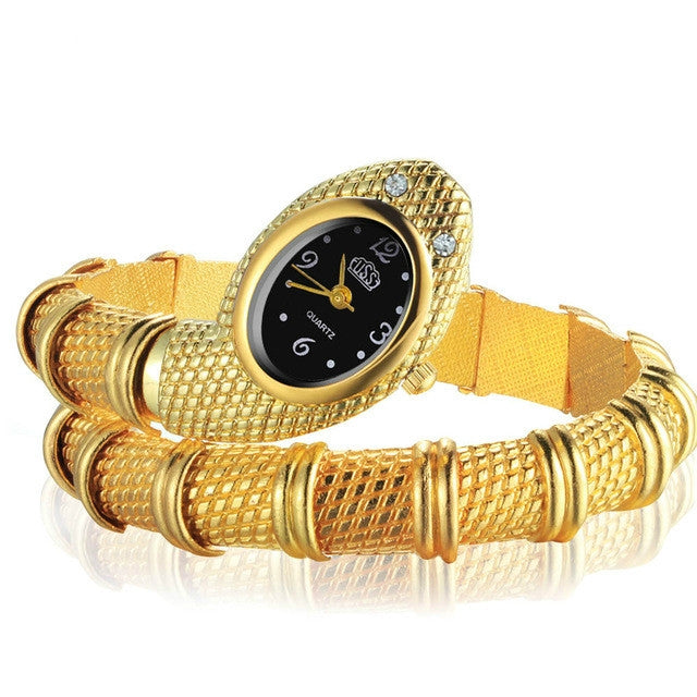 Orologio al quarzo placcato con diamanti con bracciale a forma di serpente da 2 pezzi
