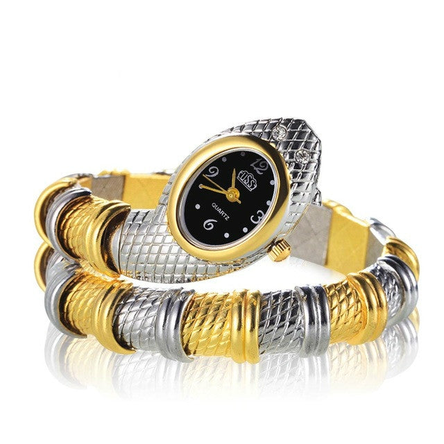 Orologio al quarzo placcato con diamanti con bracciale a forma di serpente da 2 pezzi