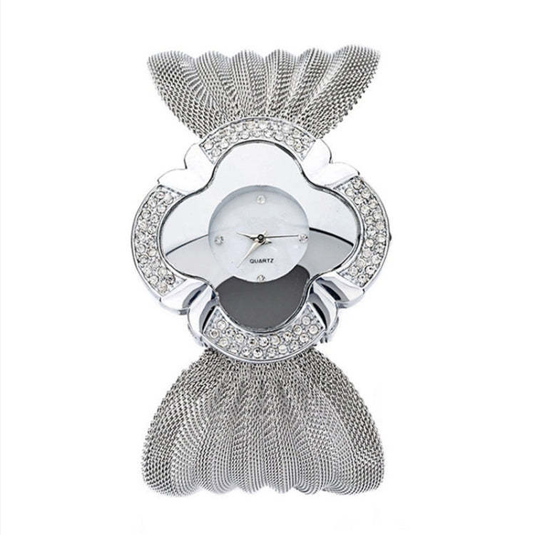 Orologio al quarzo da donna con cinturino a griglia e quadrante a specchio a forma di fiore da 2 pezzi