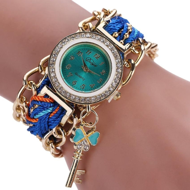 Orologio da donna al quarzo con cinturino intrecciato con diamanti e quadrante rotondo, con ciondolo a chiave