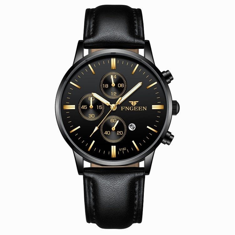 FNGEEN W5128 Orologio da uomo semplice con quadrante luminoso al quarzo a tre occhi, All Black Surface Golden Nails