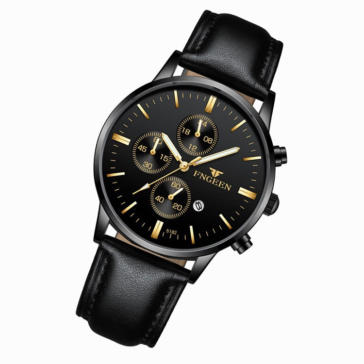 FNGEEN W5128 Orologio da uomo semplice con quadrante luminoso al quarzo a tre occhi, All Black Surface Golden Nails