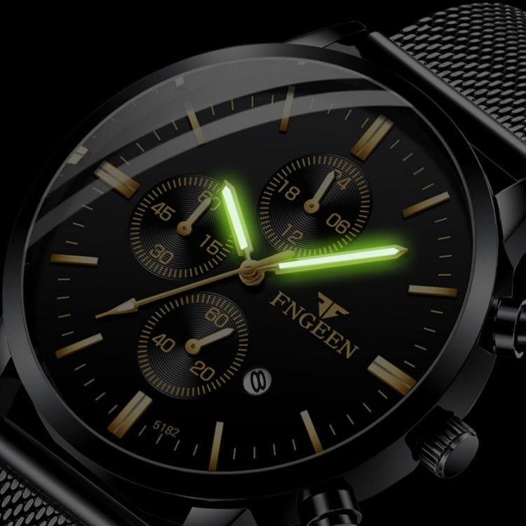 FNGEEN W5128 Orologio da uomo semplice con quadrante luminoso al quarzo a tre occhi, All Black Surface Golden Nails