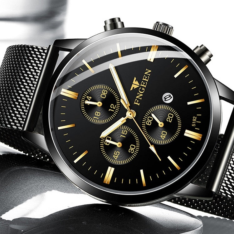 FNGEEN W5128 Orologio da uomo semplice con quadrante luminoso al quarzo a tre occhi, All Black Surface Golden Nails