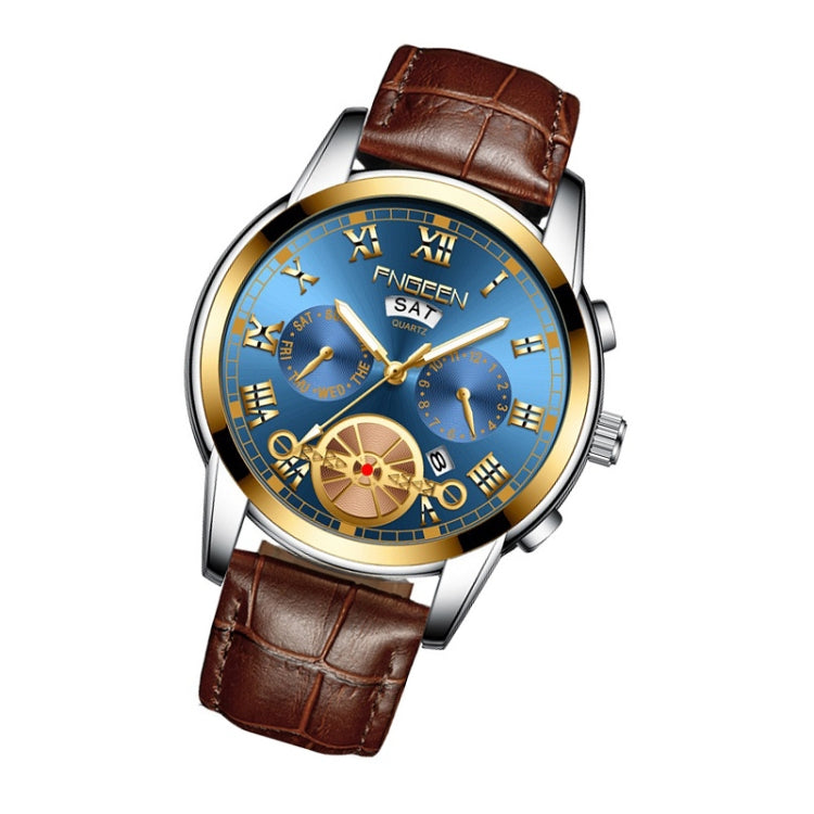 Orologio al quarzo multifunzione FNGEEN 4001 da uomo non meccanico, Brown Leather Gold Blue Surface, Brown leather Gold White Surface, Black Steel White Surface Gold Nails, Brown Leather Gold Black Surface
