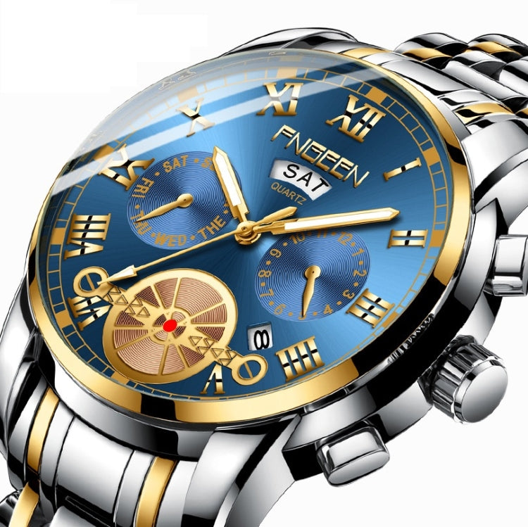 Orologio al quarzo multifunzione FNGEEN 4001 da uomo non meccanico, Brown Leather Gold Blue Surface, Brown leather Gold White Surface, Black Steel White Surface Gold Nails, Brown Leather Gold Black Surface
