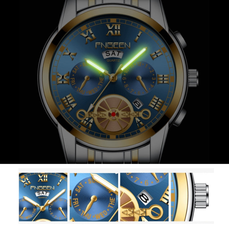 Orologio al quarzo multifunzione FNGEEN 4001 da uomo non meccanico, Brown Leather Gold Blue Surface, Brown leather Gold White Surface, Black Steel White Surface Gold Nails, Brown Leather Gold Black Surface