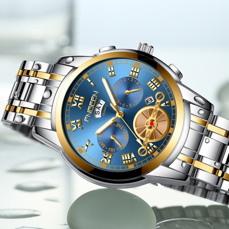 Orologio al quarzo multifunzione FNGEEN 4001 da uomo non meccanico, Brown Leather Gold Blue Surface, Brown leather Gold White Surface, Black Steel White Surface Gold Nails, Brown Leather Gold Black Surface