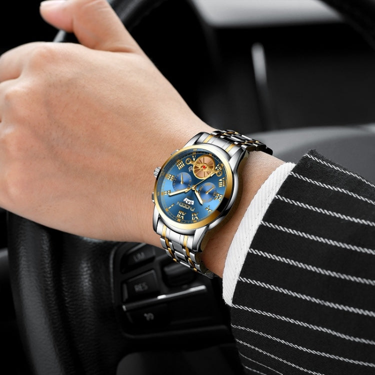 Orologio al quarzo multifunzione FNGEEN 4001 da uomo non meccanico, Brown Leather Gold Blue Surface, Brown leather Gold White Surface, Black Steel White Surface Gold Nails, Brown Leather Gold Black Surface