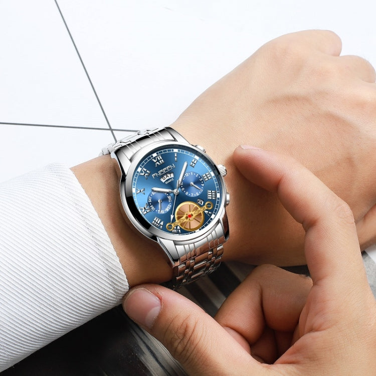 Orologio al quarzo multifunzione FNGEEN 4001 da uomo non meccanico, Brown Leather Gold Blue Surface, Brown leather Gold White Surface, Black Steel White Surface Gold Nails, Brown Leather Gold Black Surface
