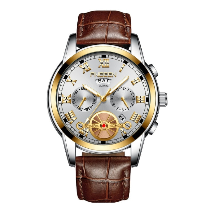 Orologio al quarzo multifunzione FNGEEN 4001 da uomo non meccanico, Brown Leather Gold Blue Surface, Brown leather Gold White Surface, Black Steel White Surface Gold Nails, Brown Leather Gold Black Surface