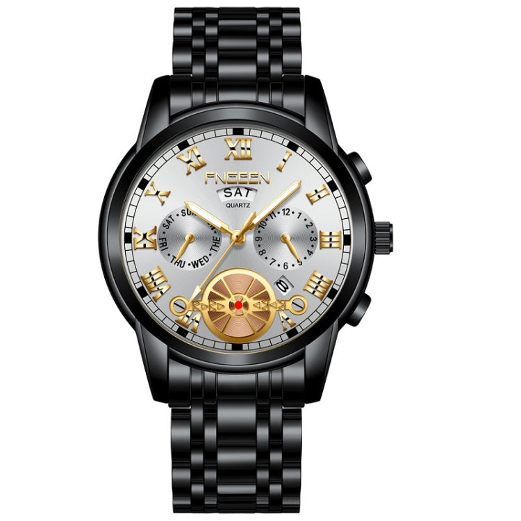 Orologio al quarzo multifunzione FNGEEN 4001 da uomo non meccanico, Brown Leather Gold Blue Surface, Brown leather Gold White Surface, Black Steel White Surface Gold Nails, Brown Leather Gold Black Surface