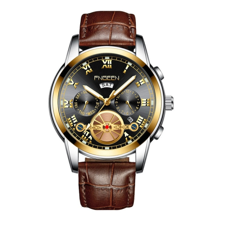 Orologio al quarzo multifunzione FNGEEN 4001 da uomo non meccanico, Brown Leather Gold Blue Surface, Brown leather Gold White Surface, Black Steel White Surface Gold Nails, Brown Leather Gold Black Surface