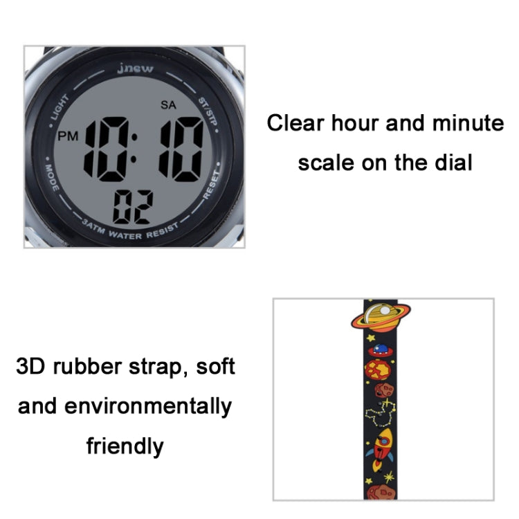 JNEW A380-86161 Bambini Cartoon 3D Space Planet Orologio elettronico sportivo LED multifunzionale impermeabile, JNEW A380-86161