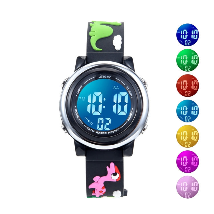 JNEW A380-20090-5 Bambini Cartoon Dinosaur Rhino Impermeabile Riconoscimento del tempo Retroilluminazione colorata Orologio elettronico a LED, JNEW A380-20090-5