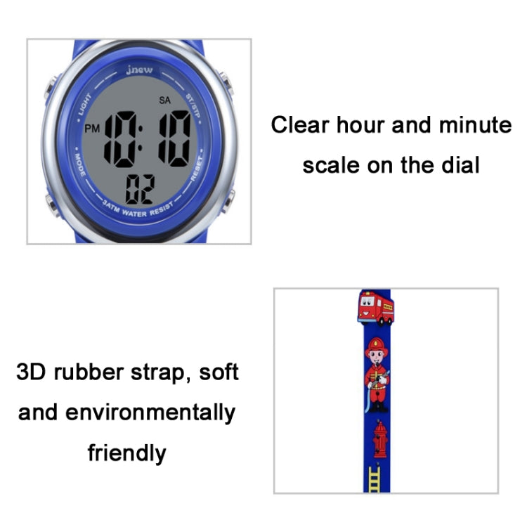 JNEW A380-81447 Vigile del fuoco dei cartoni animati per bambini Orologio elettronico sportivo multifunzione impermeabile a LED, JNEW A380-81447