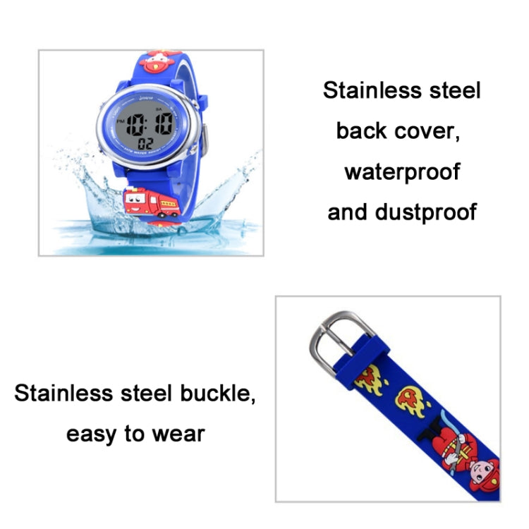 JNEW A380-81447 Vigile del fuoco dei cartoni animati per bambini Orologio elettronico sportivo multifunzione impermeabile a LED, JNEW A380-81447