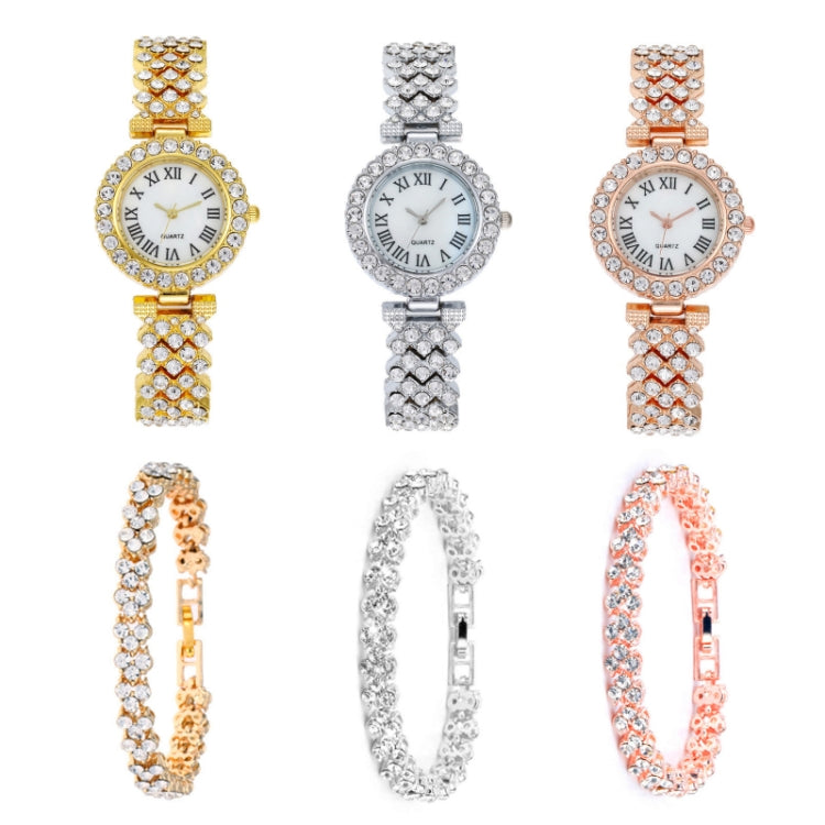 Orologio al quarzo da donna con diamanti modello romano alla moda, Gold, Silver, Rose Gold, Gold+Bracelet, Silver+Bracelet, Rose Gold+Bracelet