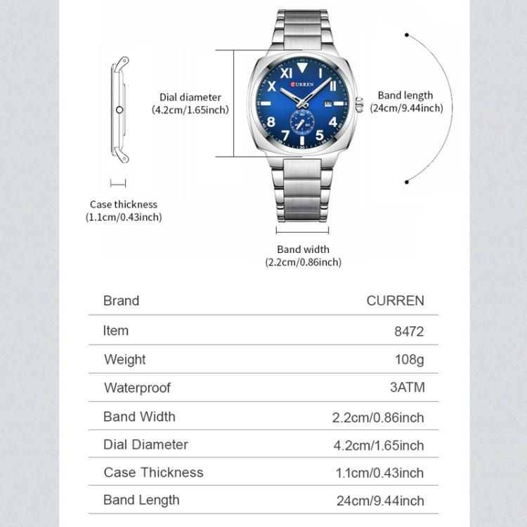 Orologio da Uomo Curren Business in Acciaio Inossidabile con Calendario, Movimento al Quarzo, Quadrante Luminoso, Impermeabile 30M, Vetro Antigraffio, Elegante e Robusto