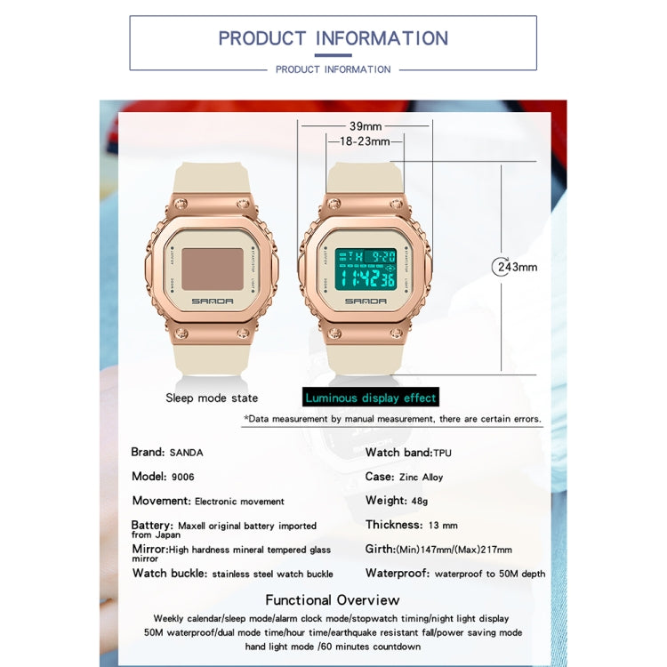 SANDA 9006 Orologio elettronico sportivo con quadrante quadrato con display digitale a LED per uomo e donna