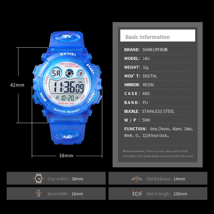 SKMEI 1451 Cronometro digitale a LED Cronografo Orologio elettronico sportivo per bambini luminoso, 1451(Transparent Pink Blue), 1451(Transparent Purple), 1451(Transparent Sky Blue), 1451(Transparent Rose Red), 1451(White Shell Blue Circle)������������...