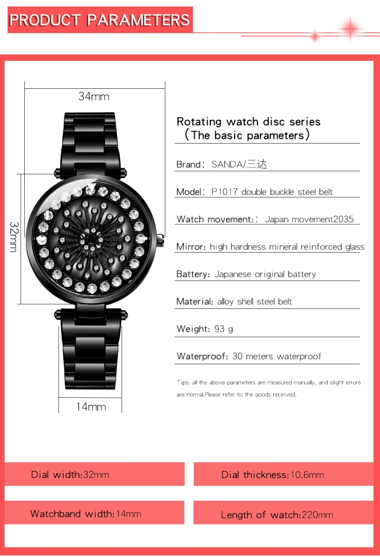 SANDA 1017 Lady Watch All Over The Sky Star Orologio girevole a 360 gradi Orologio da donna con cinturino in acciaio con diamanti