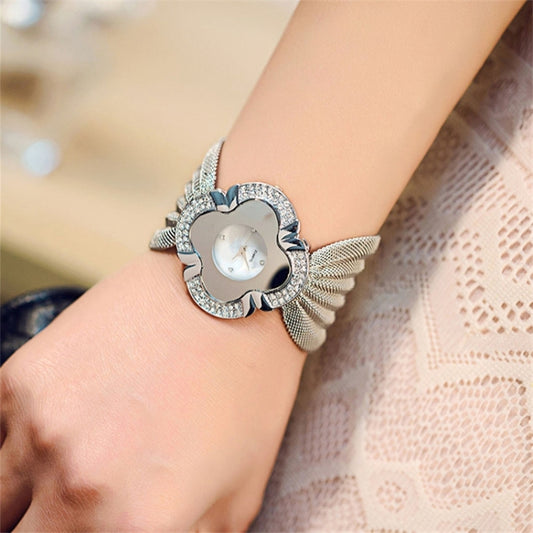 Orologio al quarzo da donna con cinturino a griglia e quadrante a specchio a forma di fiore da 2 pezzi