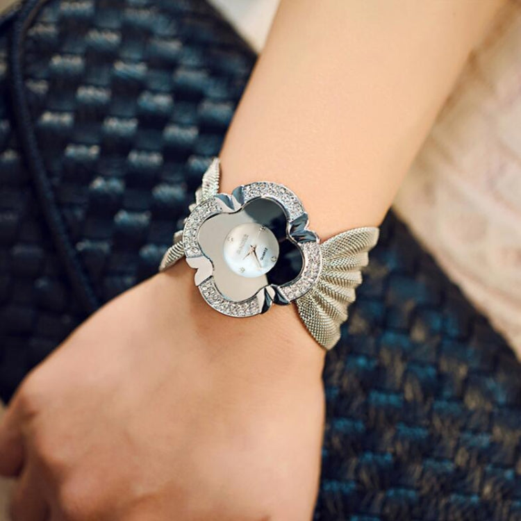 Orologio al quarzo da donna con cinturino a griglia e quadrante a specchio a forma di fiore da 2 pezzi