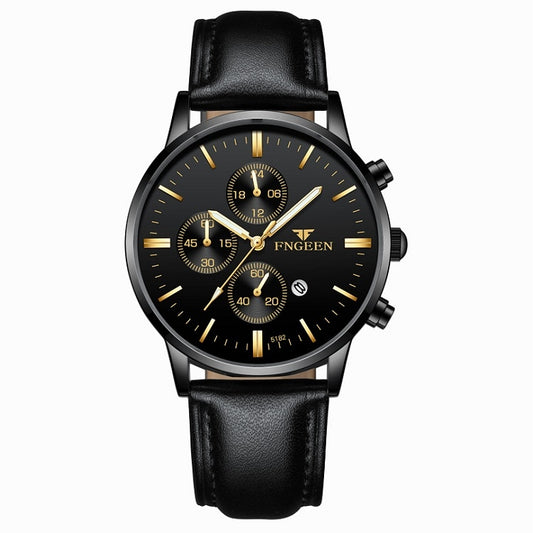 FNGEEN W5128 Orologio da uomo semplice con quadrante luminoso al quarzo a tre occhi, All Black Surface Golden Nails