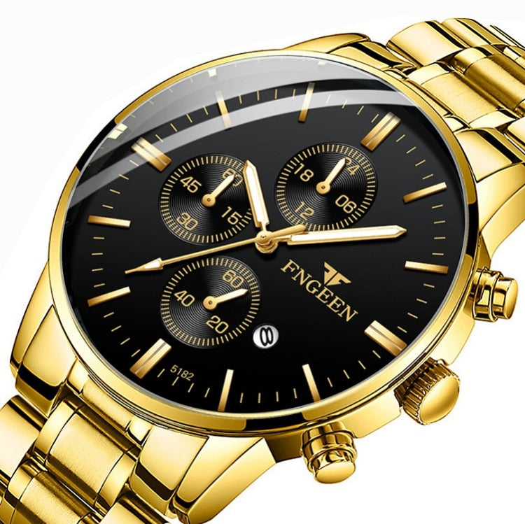 FNGEEN W5128 Orologio da uomo semplice con quadrante luminoso al quarzo a tre occhi, All Black Surface Golden Nails