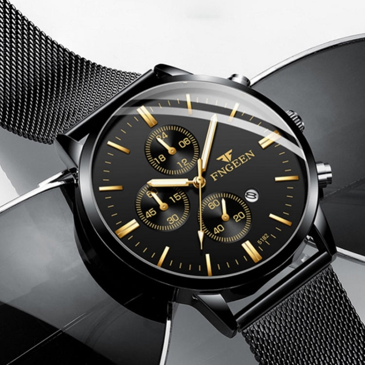 FNGEEN W5128 Orologio da uomo semplice con quadrante luminoso al quarzo a tre occhi, All Black Surface Golden Nails