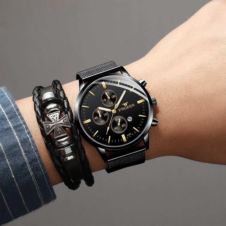 FNGEEN W5128 Orologio da uomo semplice con quadrante luminoso al quarzo a tre occhi, All Black Surface Golden Nails
