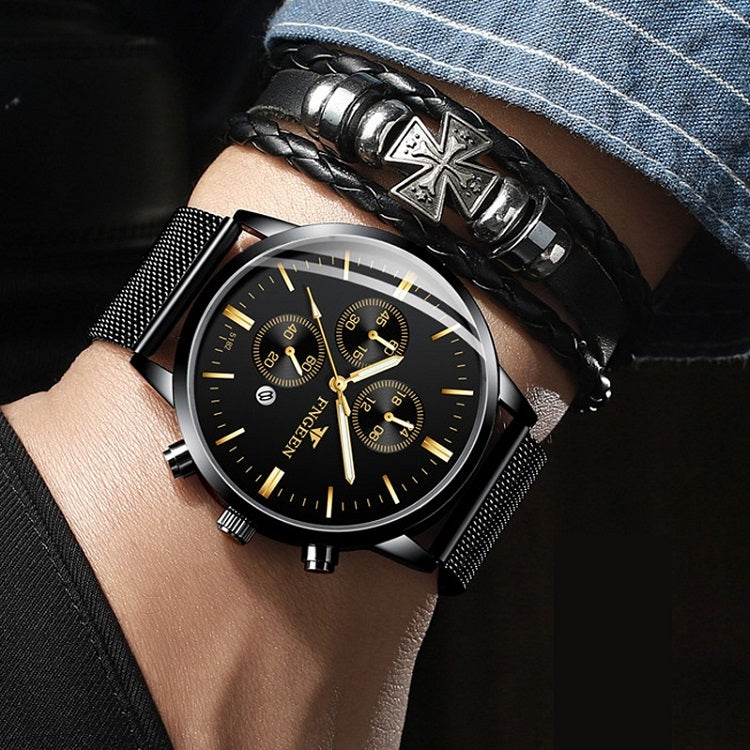 FNGEEN W5128 Orologio da uomo semplice con quadrante luminoso al quarzo a tre occhi, All Black Surface Golden Nails