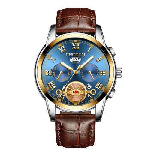 Orologio al quarzo multifunzione FNGEEN 4001 da uomo non meccanico, Brown Leather Gold Blue Surface, Brown leather Gold White Surface, Black Steel White Surface Gold Nails, Brown Leather Gold Black Surface